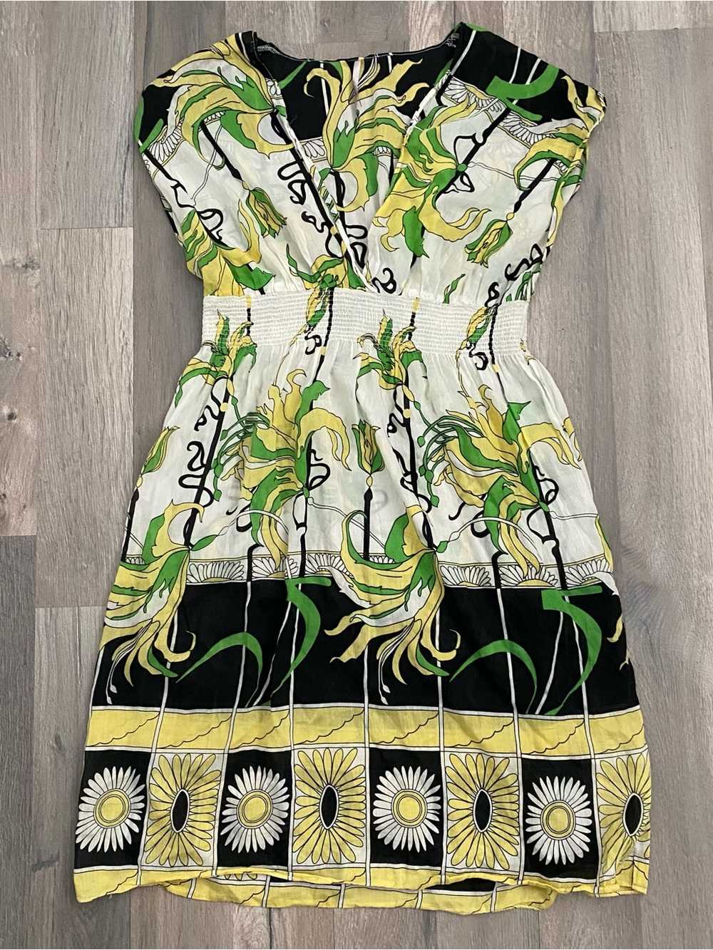 Tropical Floral Print Cotton Silk Bohemian V Neck Midi Dress Size M